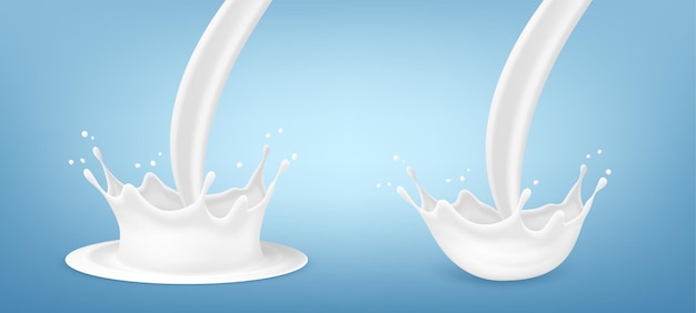 Vector realistic milk splash Milk crown splash set isolated on blue background