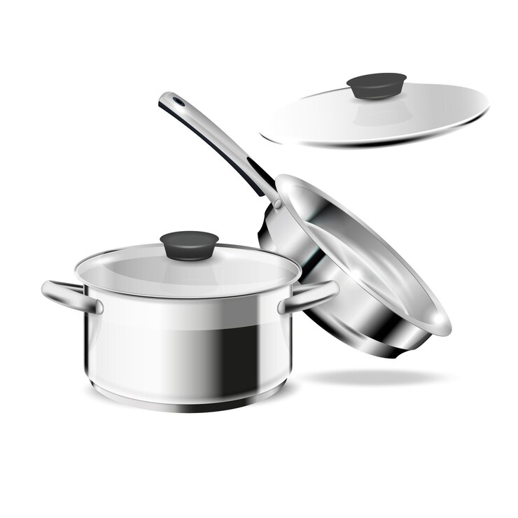 Vector vector realistic mockup of empty steel frying pan with handle and lid stainless steel cookware isolated on white background