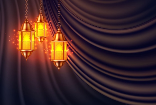Vector vector realistic ramadan kareem lamp on silk drape curtain background