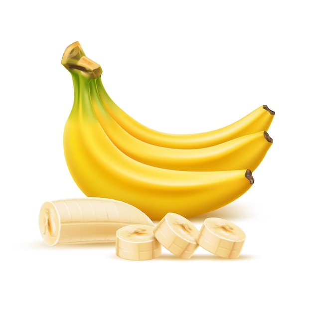 Vector vector realistic ripe banana bunch sliced banana without peel fresh yellow peeled fruit