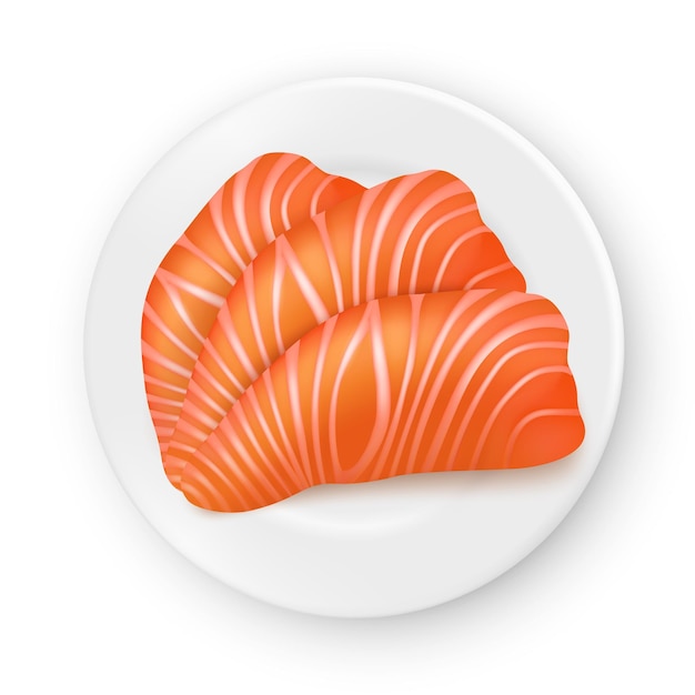 Vector vector realistic salmon wedges on a white porcelain plate seafood illustration view from above