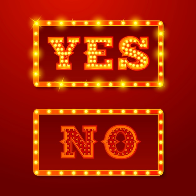 Vector realistic set of glowing yes and no signs with lamps on red background.