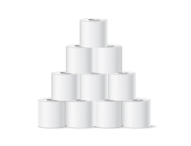 Vector realistic toilet paper roll pyramid. Lavoratory hygiene product blank mockup. Restroom soft touch toilet paper.