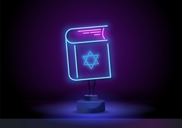 Insegna al neon della torah realistica vettoriale del logo rosh hashanah per la copertura dell'invito sullo sfondo del muro...