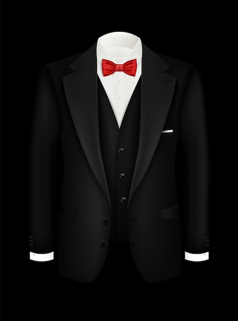 Vector realistic tuxedo background with bow Black men's suit tuxedo with vest and white shirt Illustration design of male symbols for invitations corporate parties