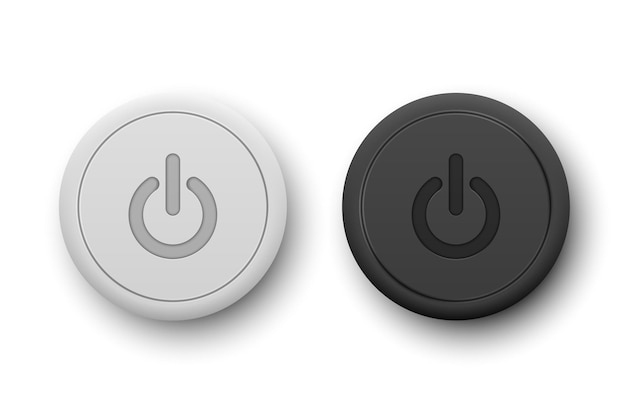 Vector realistic white and blackplastic knob set closeup isolated on white circle button icon design template of power volume playback control top front view