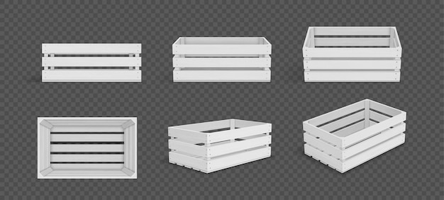 透明な背景に分離されたベクトルの現実的な白い貨物保管木箱穴のある木製フルーツボックス食品の保管と輸送のためのボックス