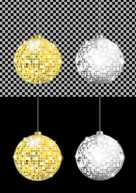 Vector vector realistisch beeld van gouden en zilveren discoballen met heldere fakkels