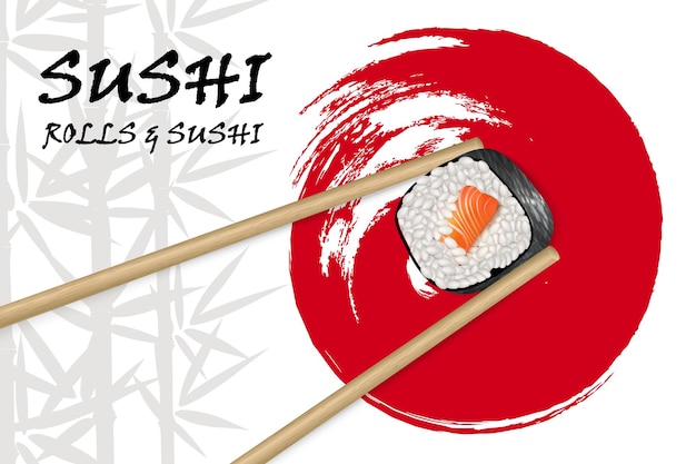 Vector realistisch beeld van sushi met bamboestokken op de achtergrond van bamboe en rode cirkel penseelstreek Restaurant sushi menu achtergrond Sushi advertentie