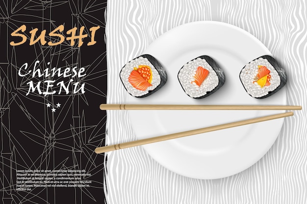 Vector realistisch beeld van sushi op een witte plaat met bamboestokken restaurant sushi menu achtergrond sushi advertentie