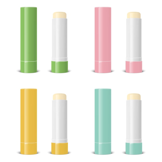 Vector realistische 3D-leeg geopend gesloten lippenbalsem Stick hygiënische lippenstift en blisterverpakking instellen geïsoleerde ontwerpsjabloon voor afbeeldingen Vector Mockup cosmetische schoonheid make-up Concept vooraanzicht