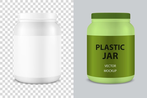 Vector realistische 3D-witte plastic pot kan met deksel close-up geïsoleerde ontwerpsjabloon van wei-eiwit Sport poeder vitaminen BCAA pillen Caps voor Mockup vooraanzicht