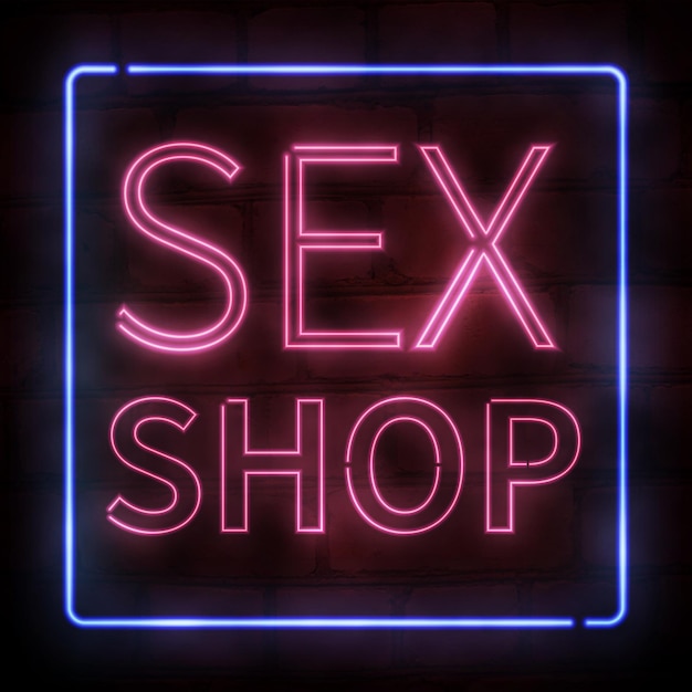 Vector realistische geïsoleerde neon teken van roze sex shop tekst voor decoratie en bekleding op de bakstenen muur achtergrond blauw neon frame