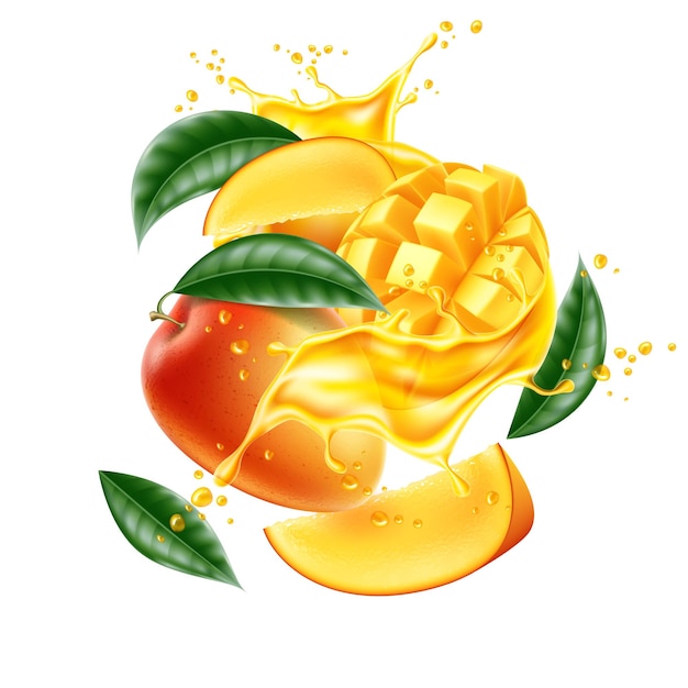 Vector realistische mango blad slice sap splash