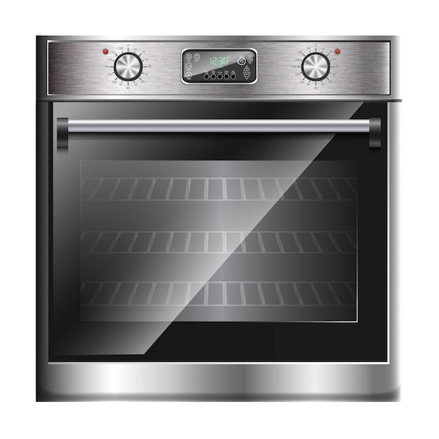 Vector realistische moderne oven, multifunctioneel fornuis met aanraakmenu en timer in vooraanzicht.