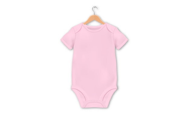 Vector realistische roze lege baby romper sjabloon op een hanger mockup close-up geïsoleerd op witte achtergrond voorzijde lichaam kinderen baby shirt onesie accessoires kleding voor pasgeborenen bovenaanzicht