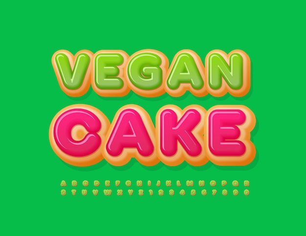 Vector reclame banner vegan cake uniek groen lettertype creatieve alfabetletters en cijfers set