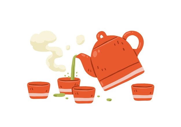 vector red ceramic teapot pouring green tea into red ceramic teacups