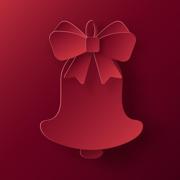 Vector vector red christmas paper cut 3d bell with bow pendant on bordeaux colored background xmas design