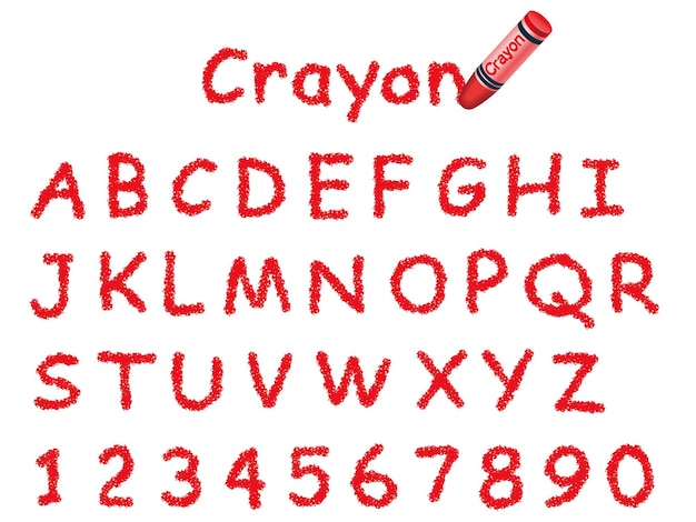 Векторный шрифт red crayon, выделенный на белом фоне. шапки и цифры.