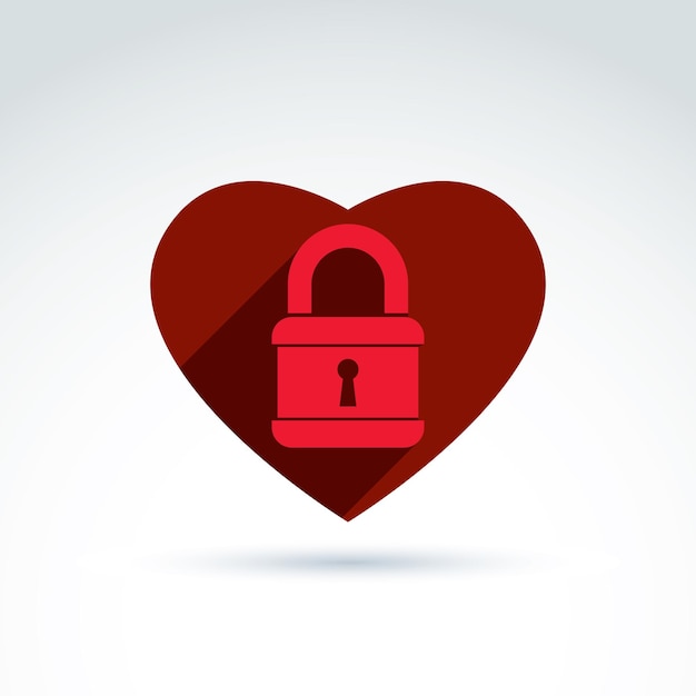 Vector red heart with a padlock isolated on white background. Love secret symbol, conceptual privacy icon.