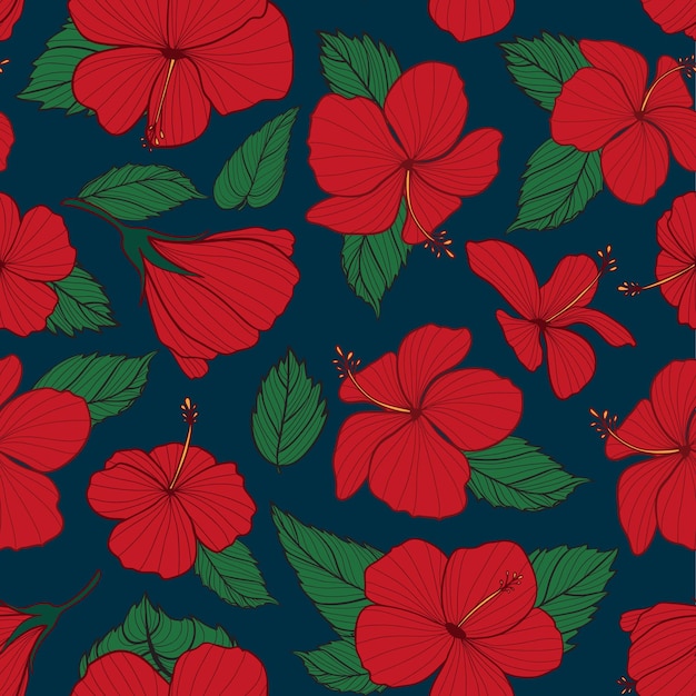 Vector red hibiscus with dark blue seamless pattern background