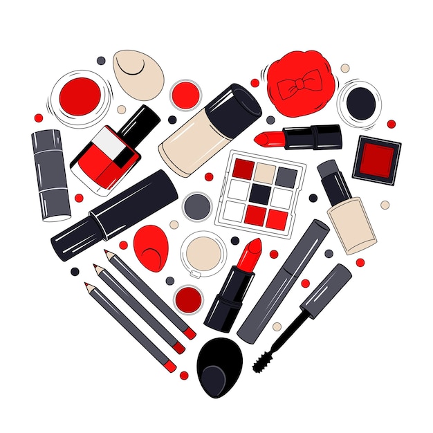 Vector red makeup elements in the shape of heart Wall with cosmetics for design and text