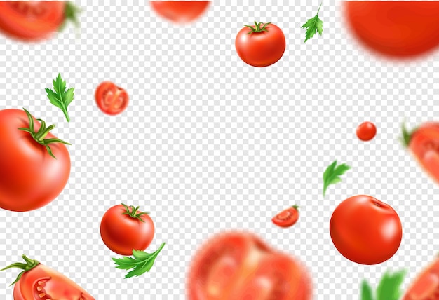 Vector red ripe tomato seamless pattern whole and sliced vegetables with green leaves