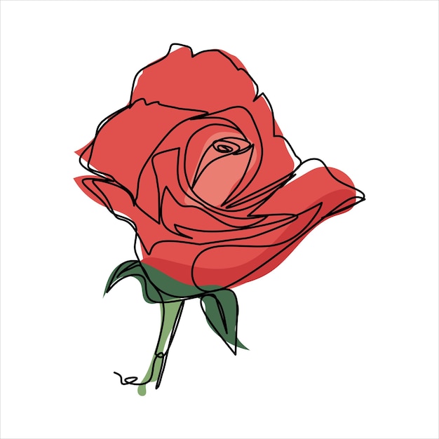 Vector red rose drawing of one continuous line Color illustration of flowers in the style of one li