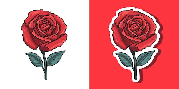 Vector red rose flat cartoon style isolated sticker ruby rose flower with green leaves sketch style