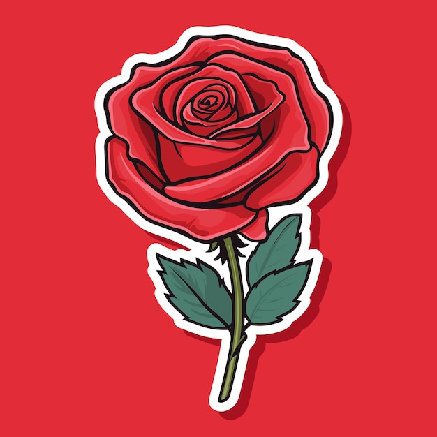 Vector red rose flat cartoon style isolated sticker ruby rose flower with green leaves sketch style