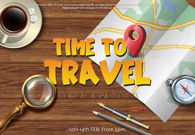 Vector reizen banner reiskaart op de houten tafel van bovenaf met vergrootglas en kompas