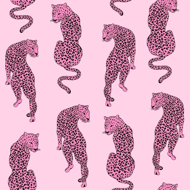Вектор Векторный повторяющийся рисунок с модным фоном розовых леопардов с дикими кошками
