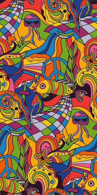 Векторный ретро красочный психоделический бесшовный рисунок в стиле 1970-х годов