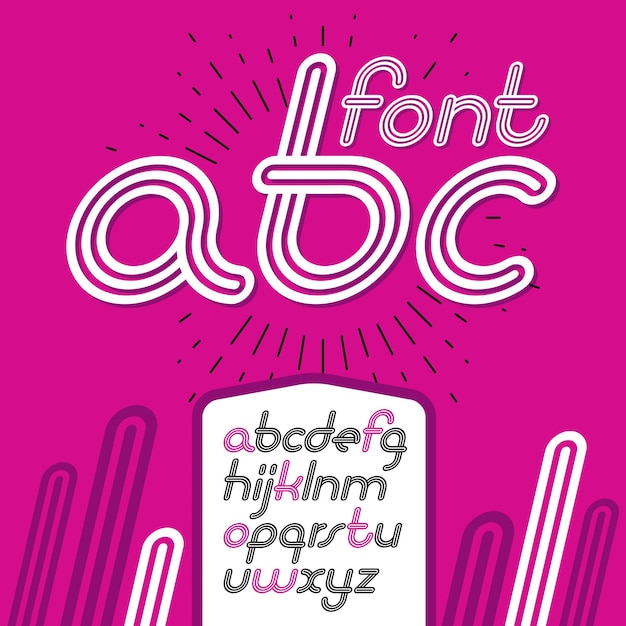 Vector vector retro engelse alfabetletters in kleine letters, abc-collectie. cool disco cursief lettertype, script van a tot z kan worden gebruikt in posterkunst. gemaakt met driedubbele gestreepte decoratie.