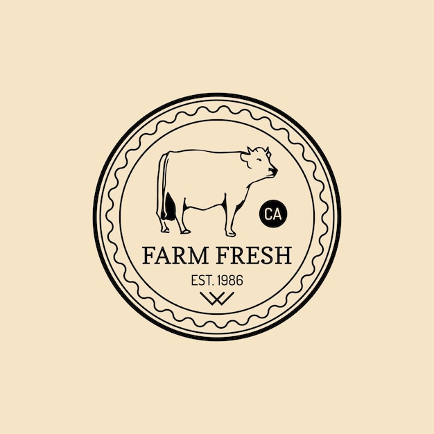 Vector retro farm fresh logotype. organic premium quality products badge. eco food sign. vintage hand sketched cow icon.