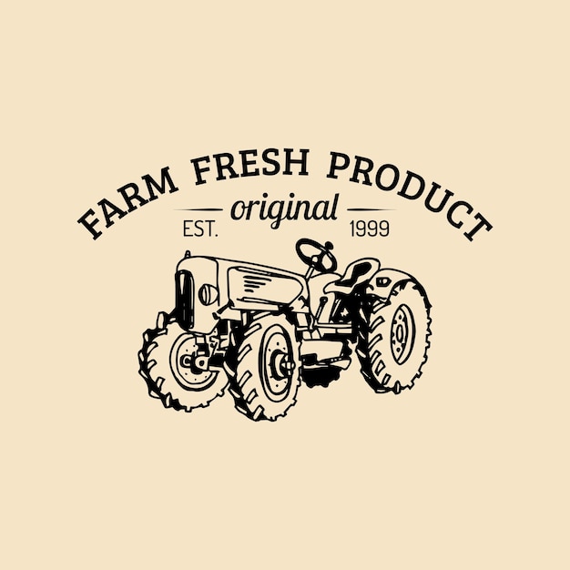 Vector retro farm fresh logotype Organic products logo Vintage hand sketched tractor icon