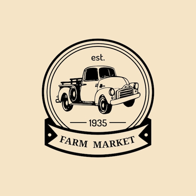 Vector retro farm fresh logotype Organic quality products badge Eco food sign Vintage hand sketched pickup truck icon