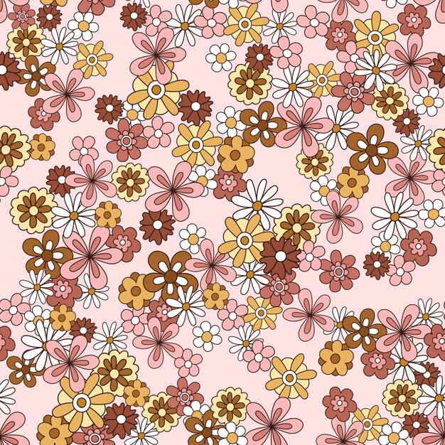 Vector vector retro floral seamless pattern in doodle style with cute flowers