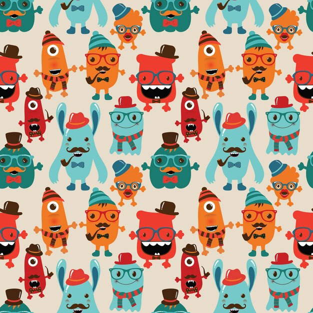 Vector retro hipster monsters seamless pattern