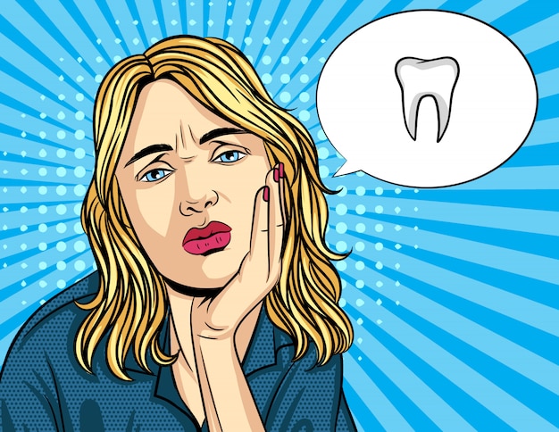 Vector retro illustration pop art comic style of unhappy woman keep hand on her cheek. girl have teeth pain