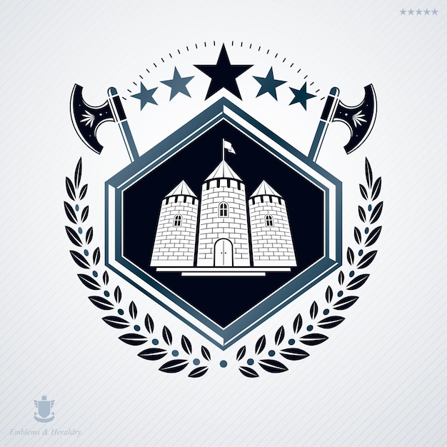 Vector retro insigne-ontwerp versierd met laurierblad en gemaakt met behulp van vintage elementen zoals middeleeuwse toren en bijlen