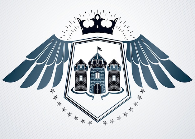 Vector retro insignia design decorated using vintage elements like royal crown and medieval stronghold