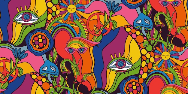 Vector retro kleurrijk psychedelisch naadloos patroon in de stijl van de jaren 70