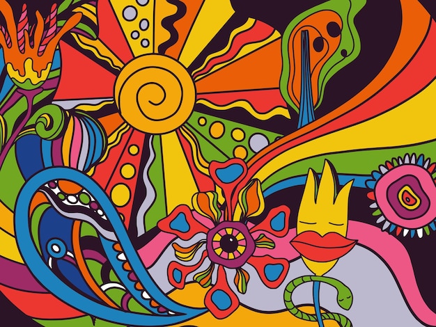 Vector retro kleurrijke psychedelische poster in jaren 70-stijl