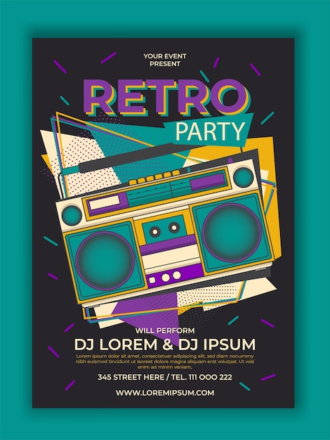 Vector retro party poster with radio cassette illustration