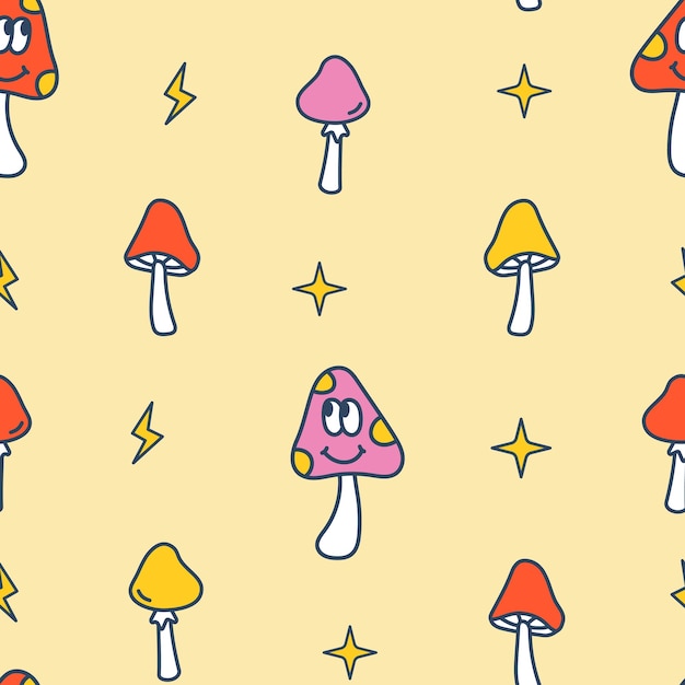 Vector retro patroon met schattige paddestoelen Naadloos patroon voor kinderen Groovy paddestoelen Paddestoel met gezicht