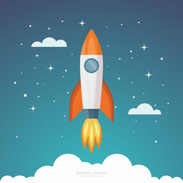 Vector Retro Red and White Space Rocket Ship Launch on Space Sky Background Space Rocket Design Template for Business Start Up Project Development Process Creatief idee enzovoort