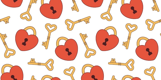 하트 모양의 골드 키와 빨간색 자물쇠가 있는 벡터 복고풍 원활한 패턴 발렌타인 데이 사랑과 로맨스 배경 y2k 또는 70년대 스타일 하트 패턴