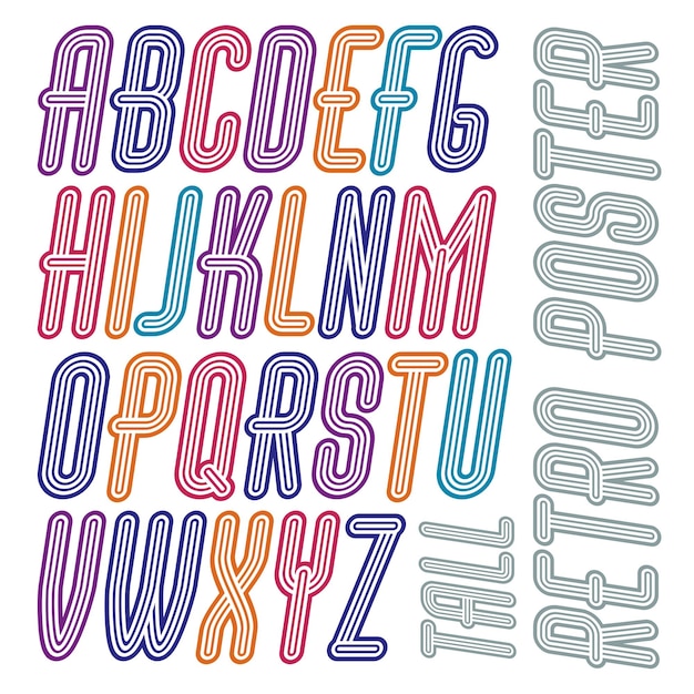 Vector retro vintage capital English alphabet letters collection. Funky italic tall font, typescript can be used in art creation. Made with triple stripy decoration.